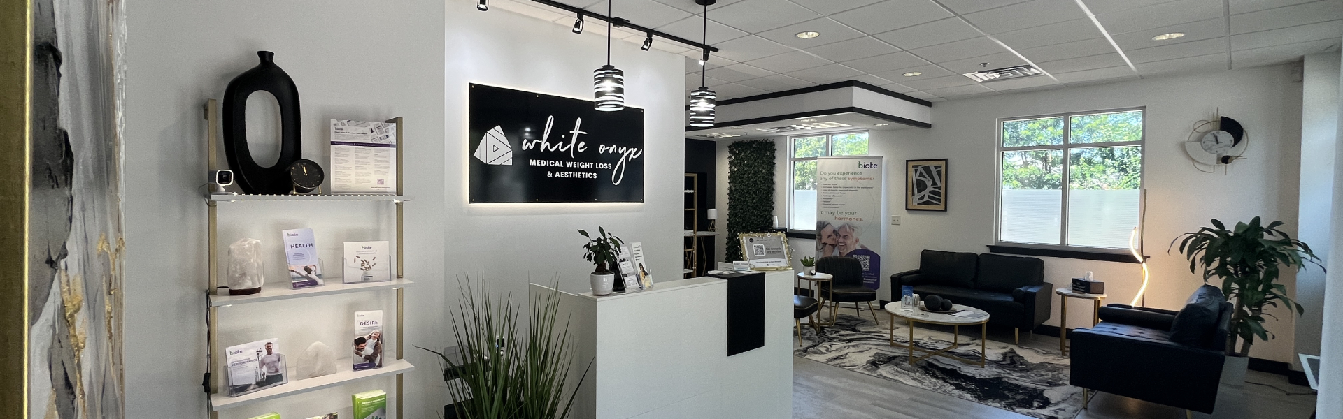 A vibrant salon featuring an extensive selection of beauty products arranged neatly on shelves for customer browsing.